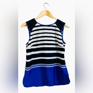 Maurice’s Sleeveless Blue, Black, & White Striped Crape Fabric Blouse w/ Buttons